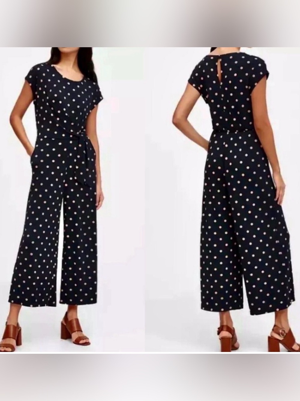 Banana Republic Print Tie-Front Cropped Jumpsuit in Navy & Beige Polka Dots
